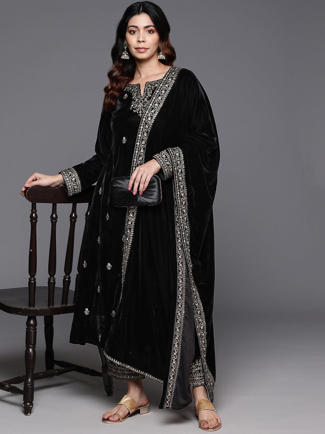 Black Embroidered Velvet A-line Kurta With Trousers & Dupatta - Jashvi