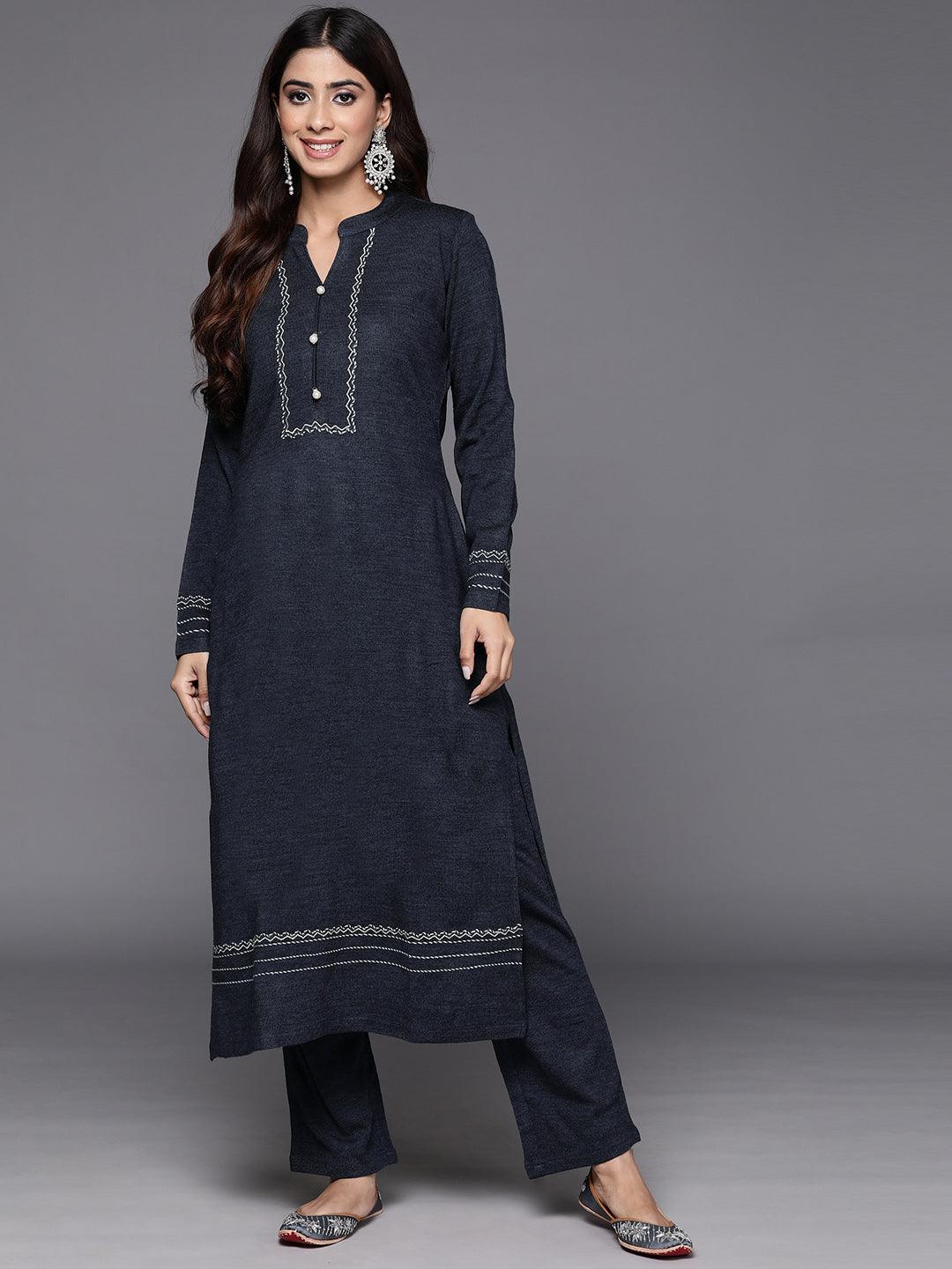 Grey Yoke Design Wool Straight Kurta With Trousers - Jashvi