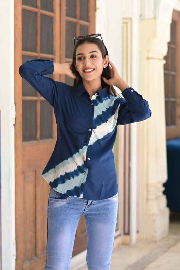 Women's Blue Diagonal Tie Dye Cotton Shirt - Hatheli