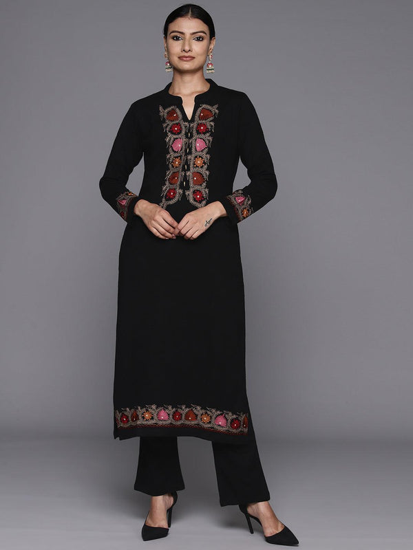 Black Yoke Design Wool Straight Kurta With Trousers - Jashvi