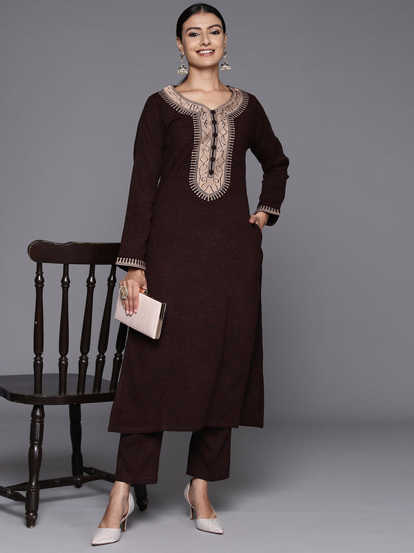 Rust Yoke Design Wool Straight Kurta Set