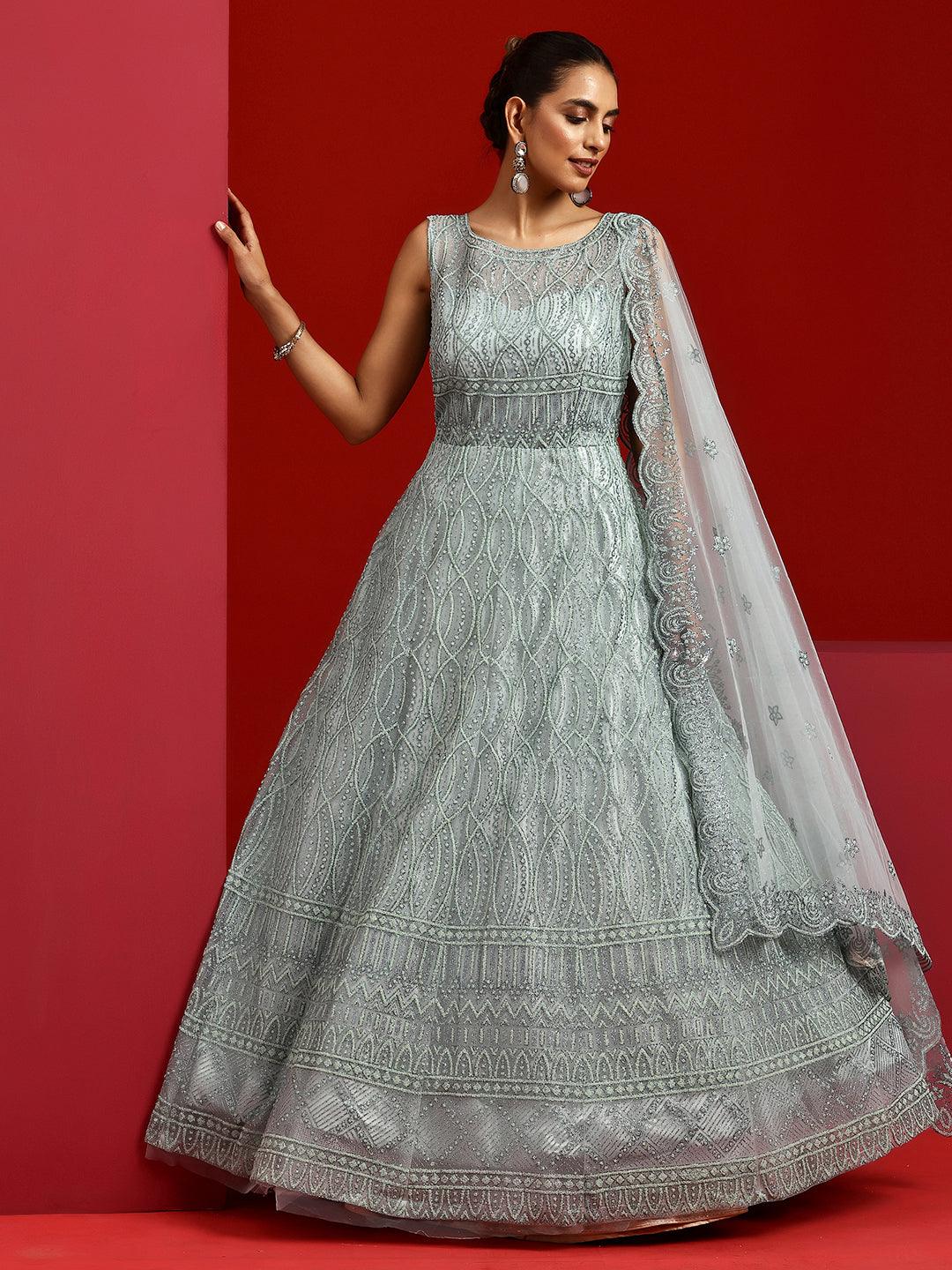 Jashvi Art Sea Green Embellished Net Gown Dress - Jashvi