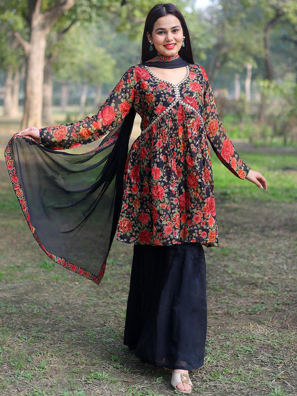 Black Printed Organza A-Line Sharara Suit Set With Dupatta