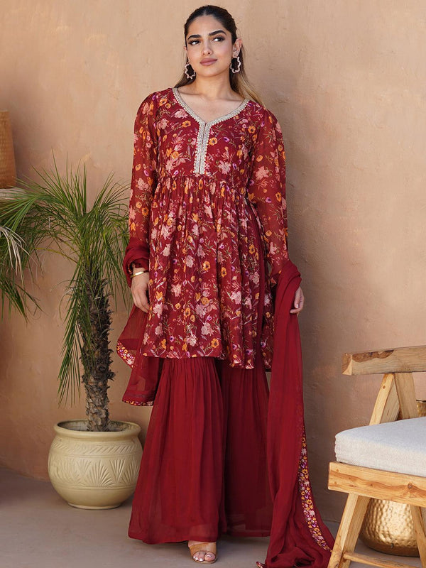 Maroon Printed Organza A-Line Sharara Suit Set With Dupatta