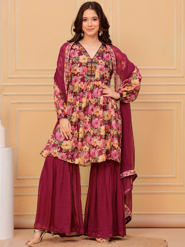 Maroon Printed Organza A-Line Sharara Suit Set With Dupatta - Jashvi