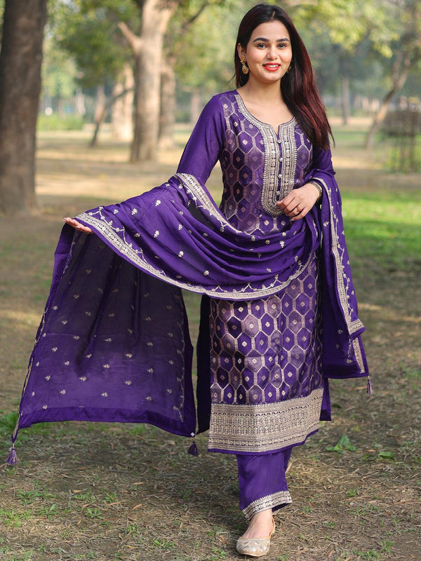 Purple Woven Design Silk Blend Straight Suit With Dupatta