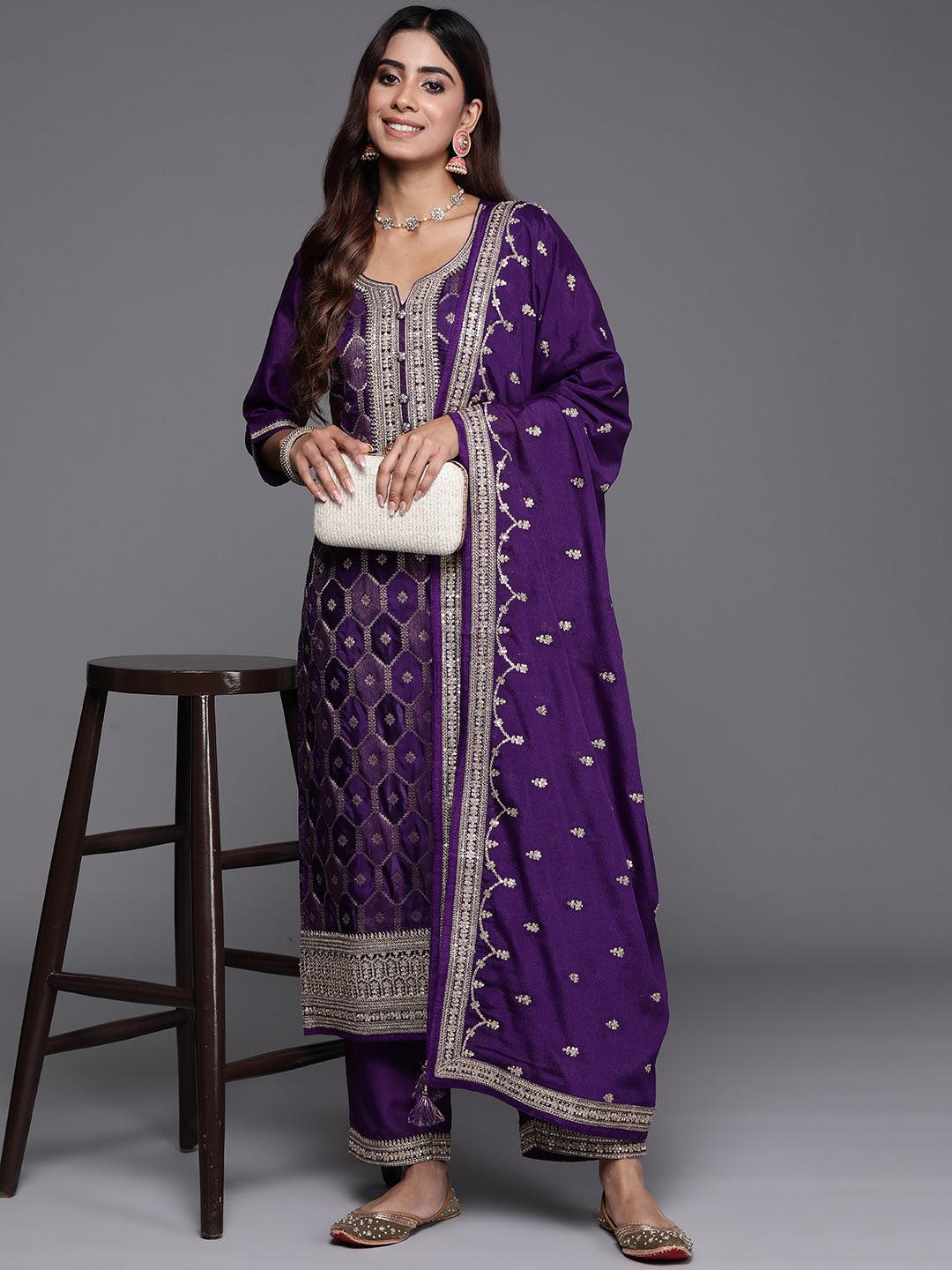 Purple Woven Design Silk Blend Straight Suit With Dupatta - Jashvi