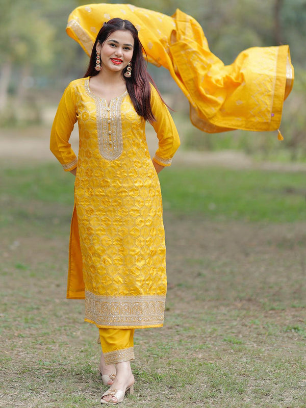 Yellow Woven Design Silk Blend Straight Suit With Dupatta