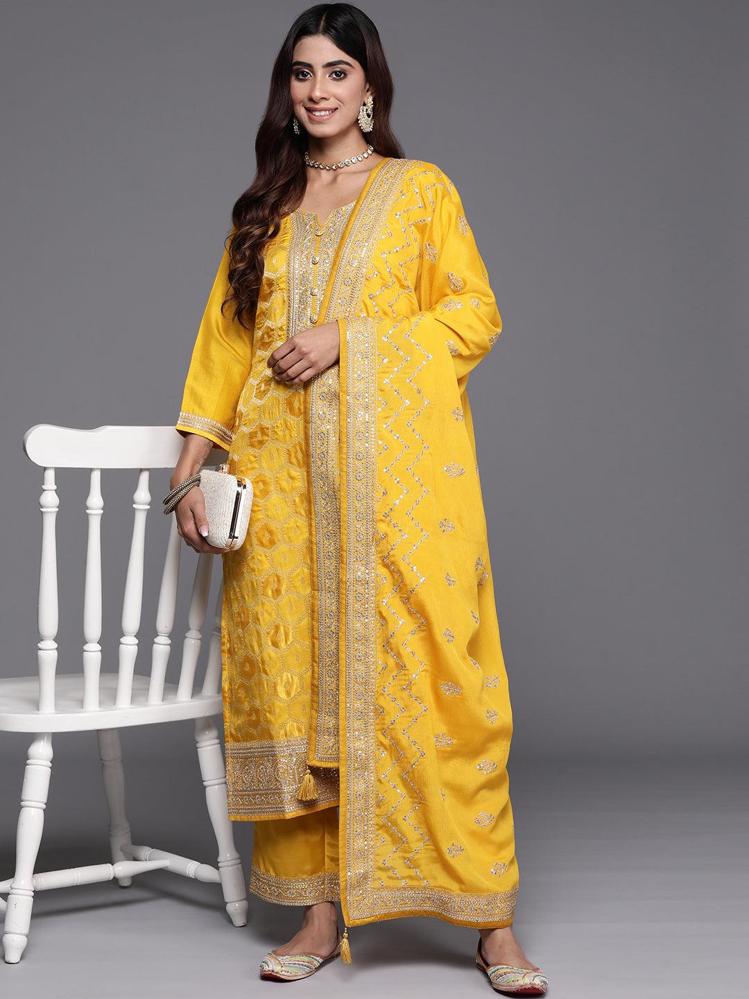 Yellow Woven Design Silk Blend Straight Suit With Dupatta - Jashvi