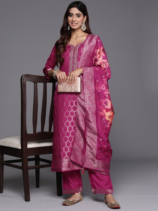 Magenta Woven Design Silk Blend Straight Suit With Dupatta - Jashvi