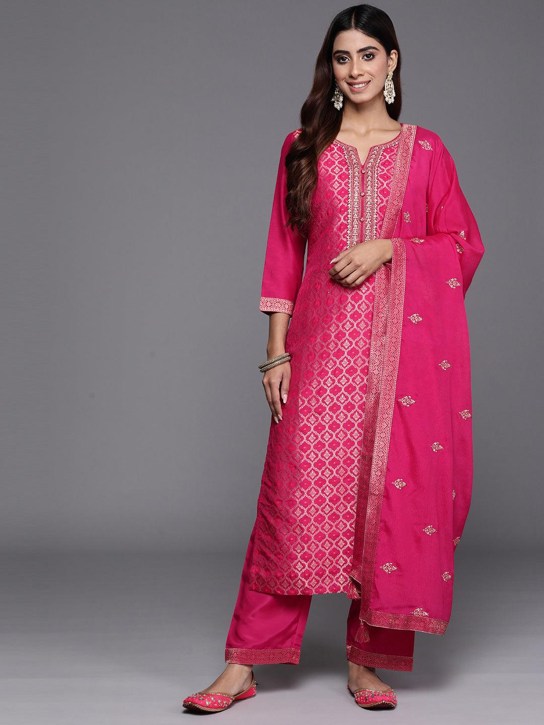 Pink Woven Design Silk Blend Straight Suit With Dupatta - Jashvi