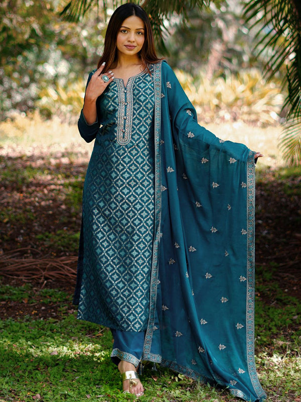 Teal Woven Design Silk Blend Straight Suit With Dupatta