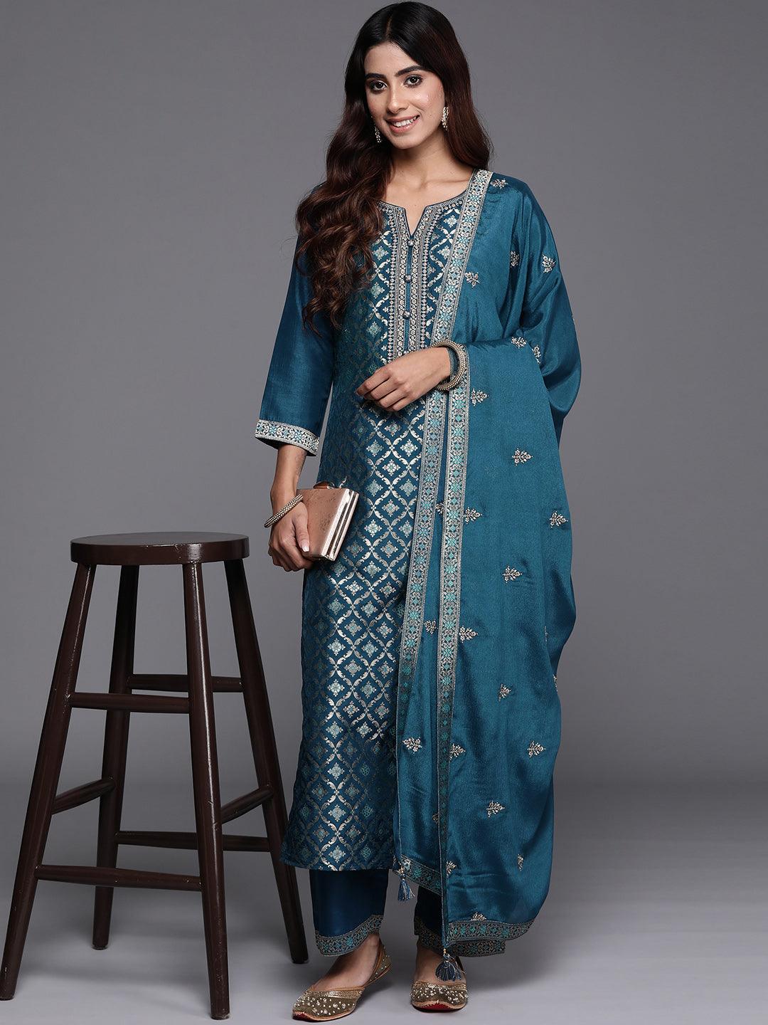 Teal Woven Design Silk Blend Straight Suit With Dupatta - Jashvi