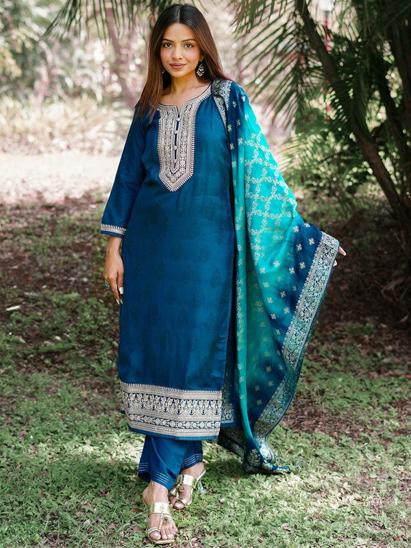 Teal Yoke Design Silk Blend Straight Suit With Dupatta