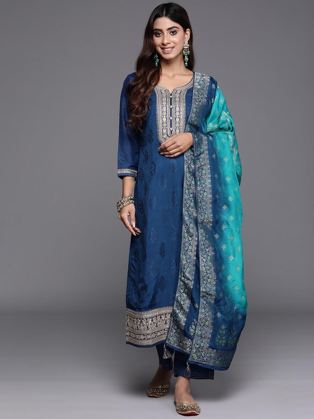 Teal Yoke Design Silk Blend Straight Suit With Dupatta - Jashvi