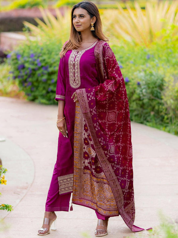 Maroon Yoke Design Silk Blend Straight Suit With Dupatta