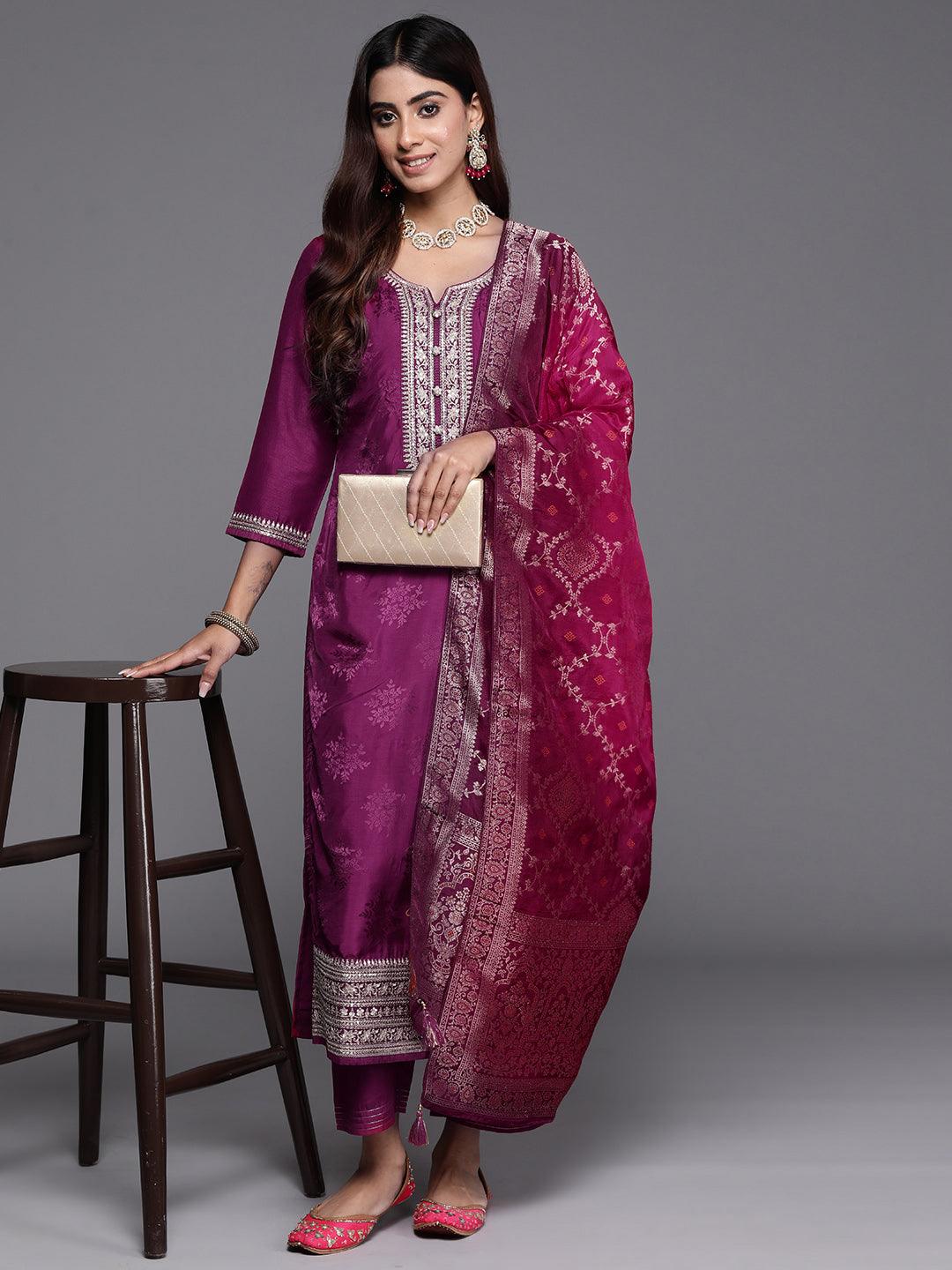 Maroon Yoke Design Silk Blend Straight Suit With Dupatta - Jashvi