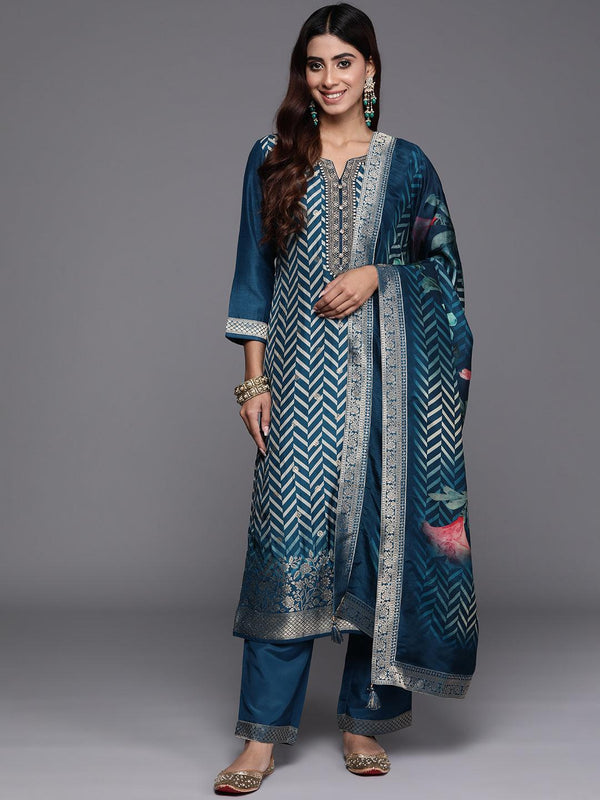 Teal Printed Silk Blend Straight Suit With Dupatta - Jashvi