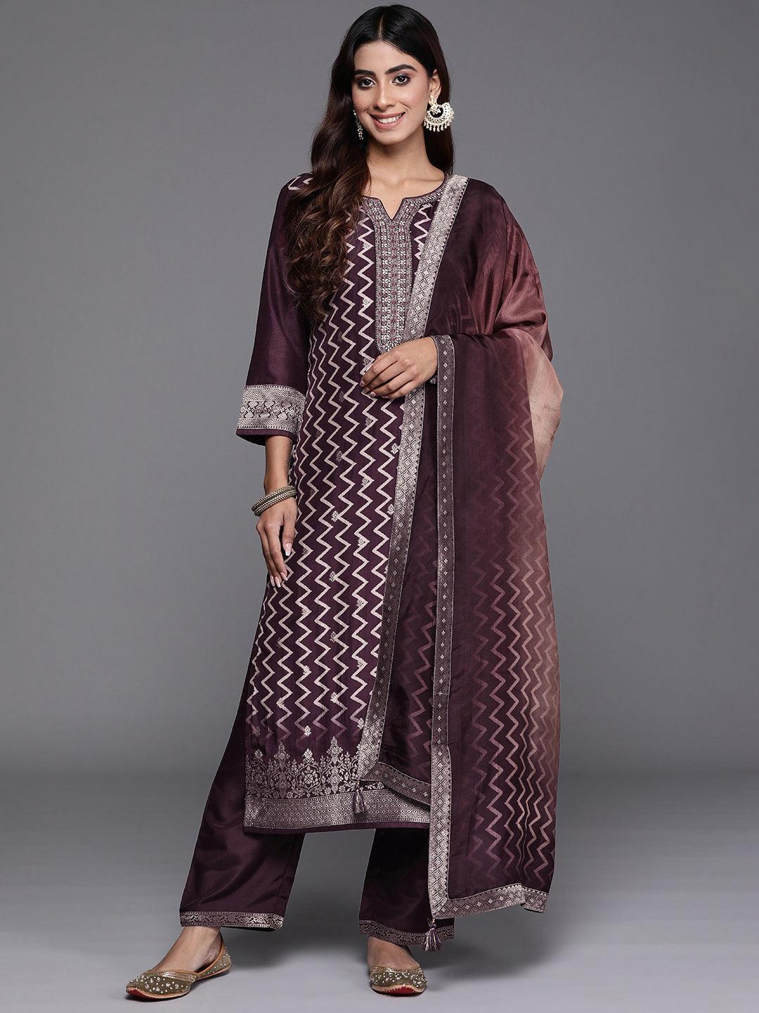 Wine Printed Silk Blend Straight Suit With Dupatta - Jashvi