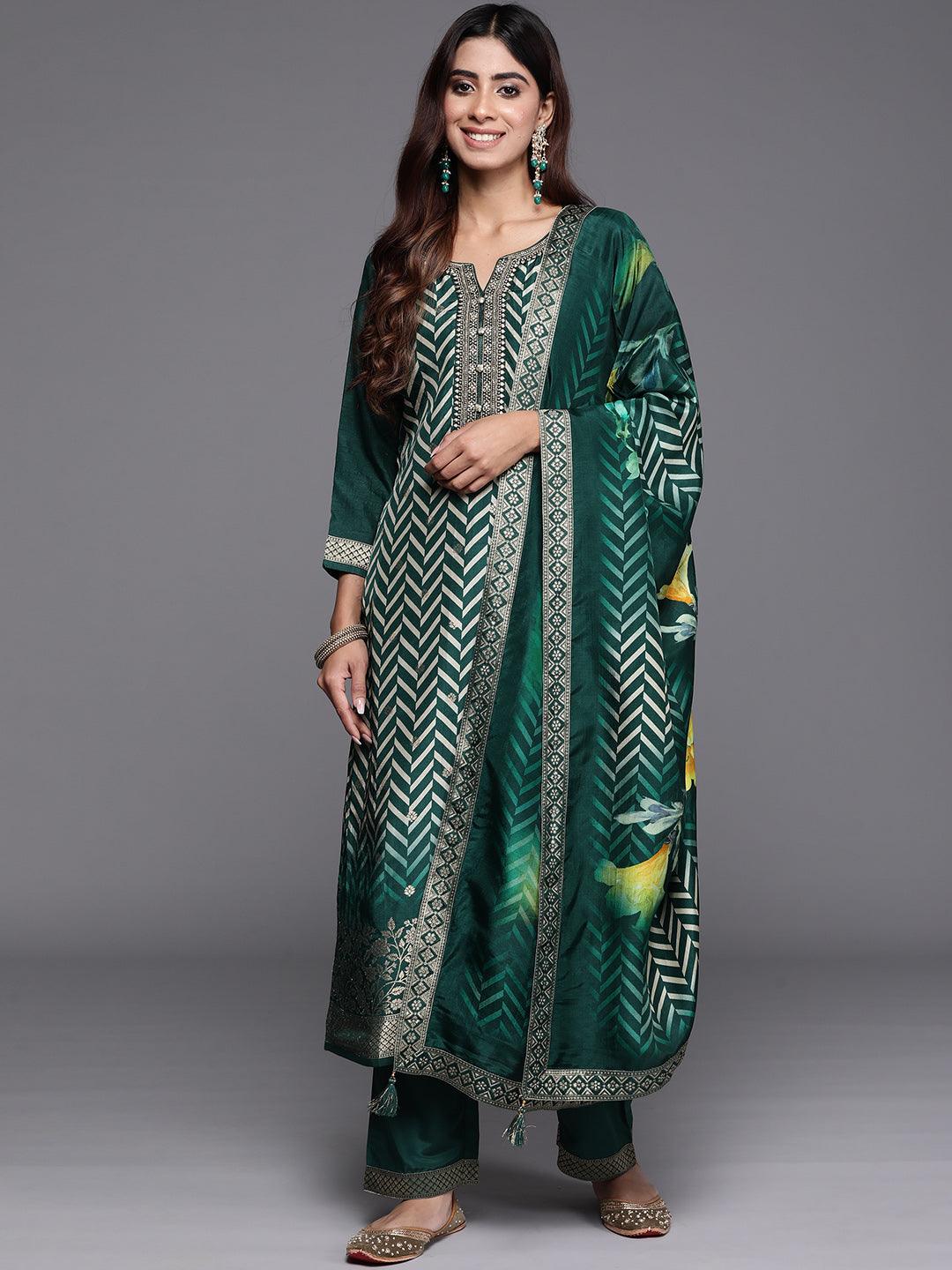 Green Printed Silk Blend Straight Suit With Dupatta - Jashvi