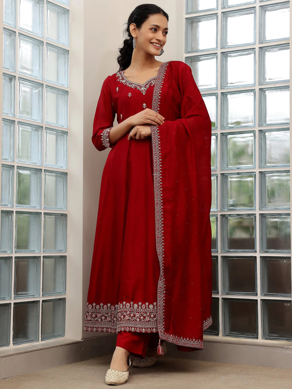 Maroon Embroidered Silk Blend Anarkali Suit With Dupatta