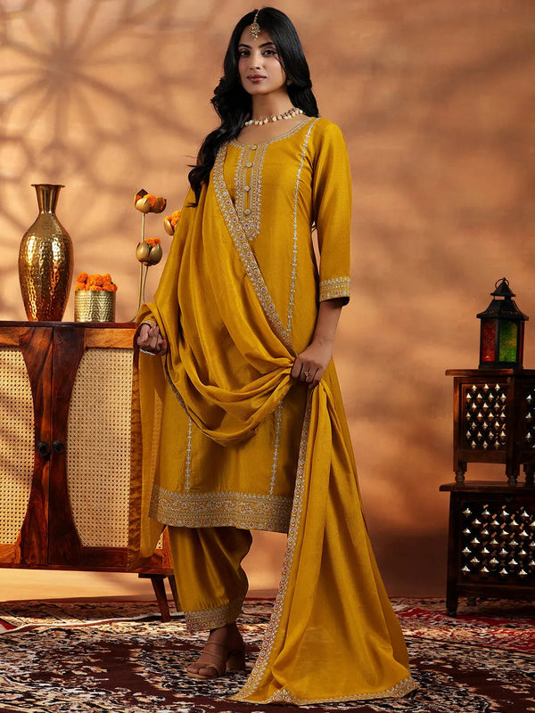 Mustard Embroidered Silk Blend Straight Suit With Dupatta