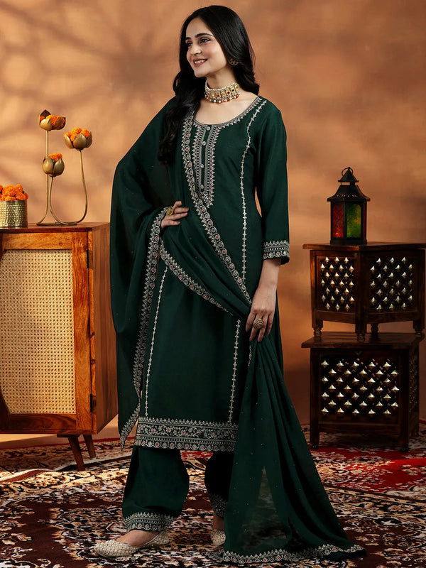 Green Embroidered Silk Blend Straight Suit With Dupatta