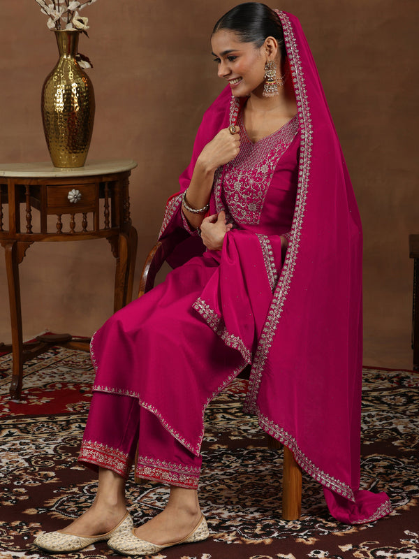 Pink Yoke Design Silk Blend Straight Suit With Dupatta