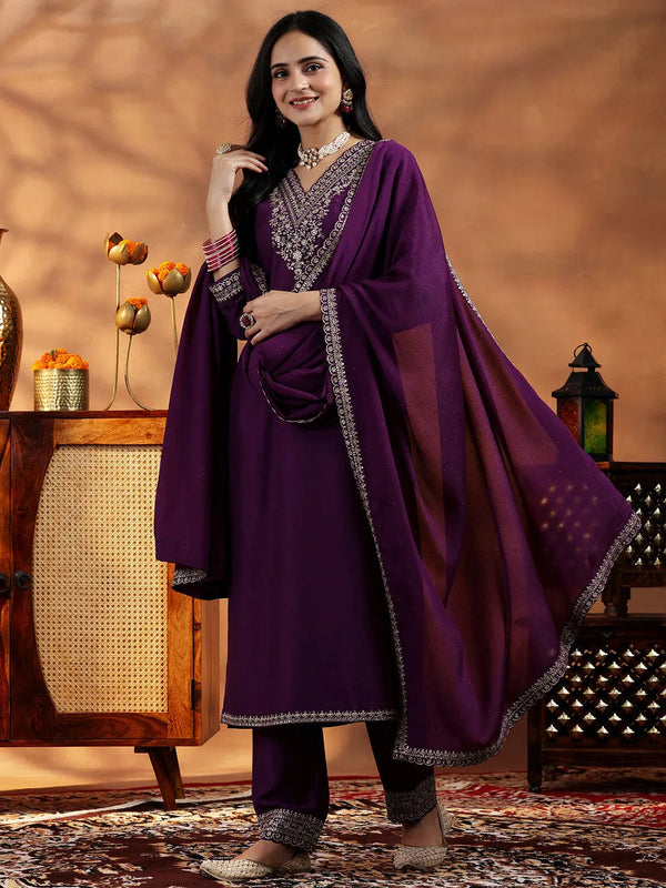 Wine Yoke Design Silk Blend Straight Suit With Dupatta