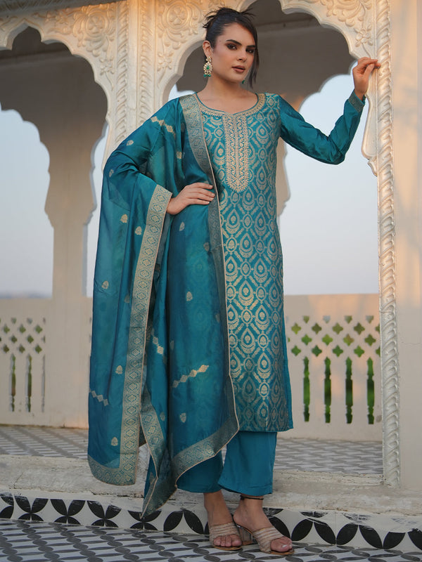 Rama Green Woven Design Silk Blend Straight Suit With Dupatta