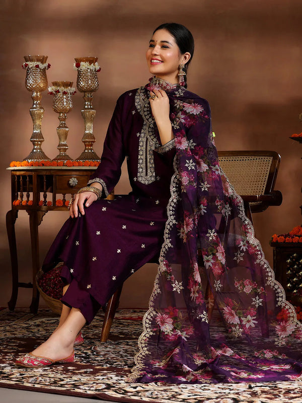 Wine Embroidered Silk Blend Straight Suit With Dupatta