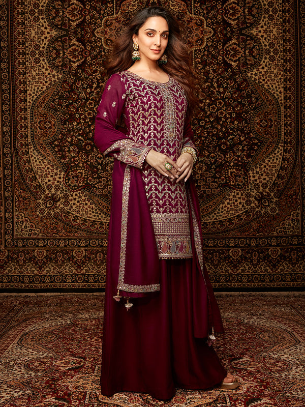 Adaa Wine Embroidered Silk Blend Straight Kurta With Palazzos & Dupatta