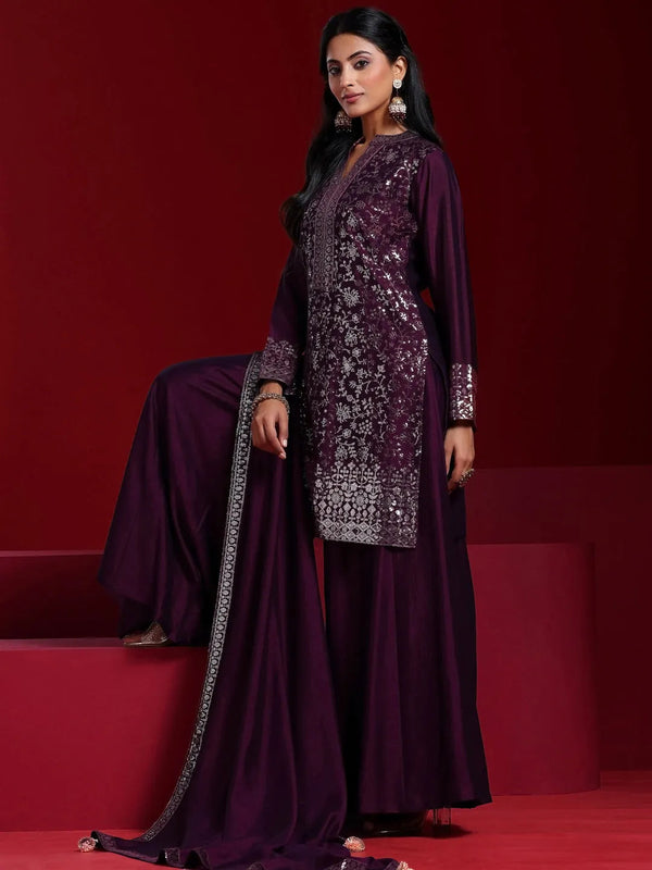 Jashvi Art Wine Embroidered Silk Blend Straight Suit With Dupatta