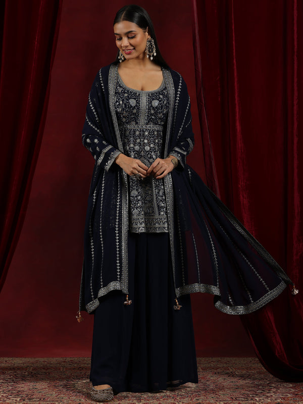 Jashvi Blue Embroidered Georgette Anarkali Suit With Dupatta