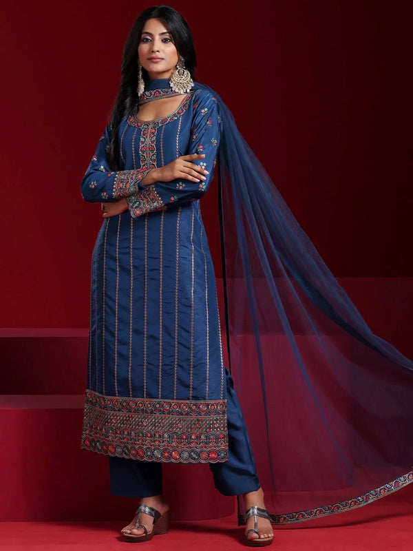 Jashvi Art Blue Embroidered Silk Blend Straight Suit With Dupatta