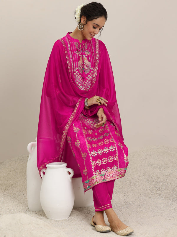 Pink Woven Design Silk Blend Straight Suit With Dupatta