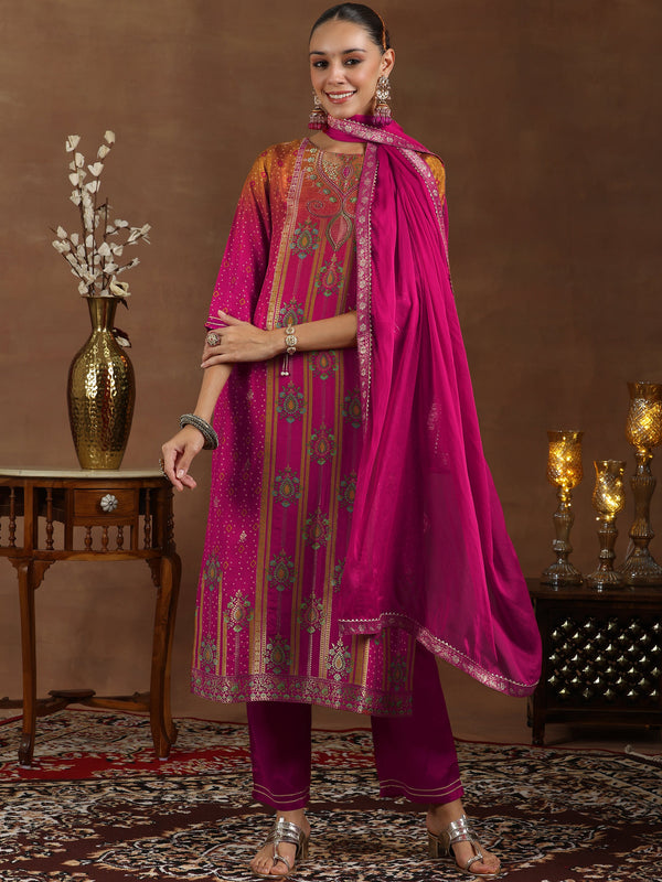 Pink Woven Design Silk Blend Straight Suit With Dupatta