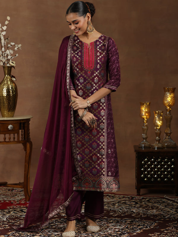 Wine Woven Design Silk Blend Straight Suit With Dupatta