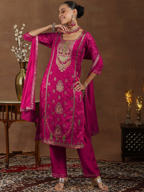 Pink Woven Design Silk Blend Straight Suit With -color issue