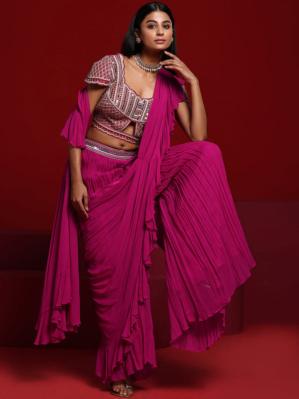 Jashvi Art Pink Embellished Silk Blend Palazzo Saree