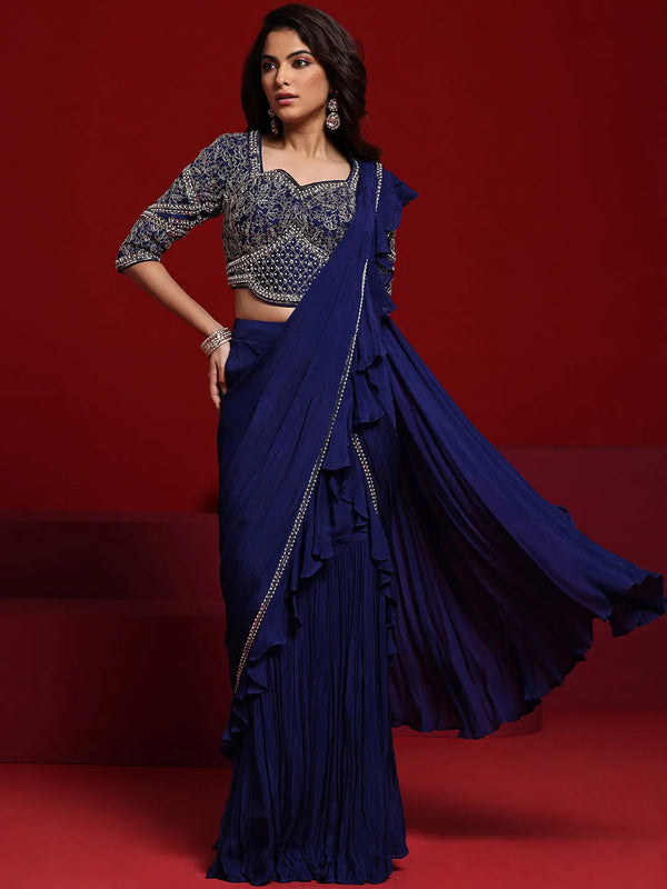 Jashvi Art Blue Embellished Silk Blend Skirt Saree