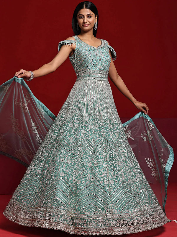 Jashvi Art Sea Green Embellished Nylon Gown With Dupatta