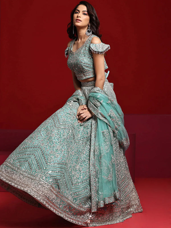 Jashvi Art Sea Green Embellished Net Lehenga Set