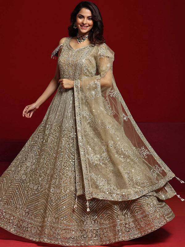 Jashvi Art Beige Embellished Nylon Gown With Dupatta