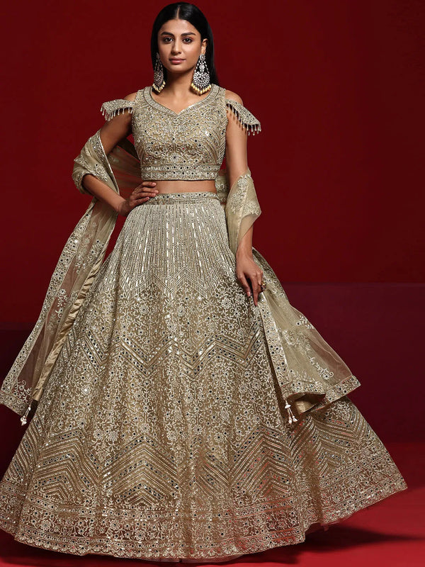 Jashvi Art Beige Embellished Net Lehenga Set