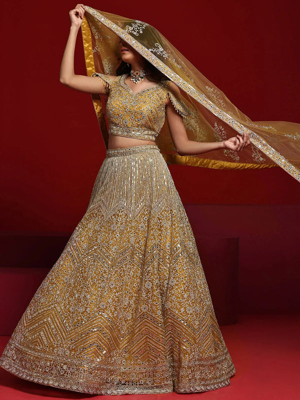 Jashvi Art Mustard Embellished Net Lehenga Set