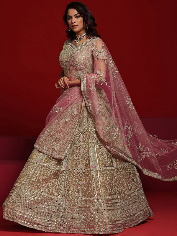 Jashvi Art Beige Embellished Net Lehenga Set