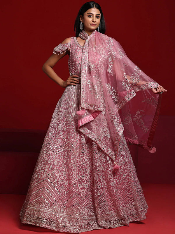 Jashvi Art Pink Embellished Nylon Gown With Dupatta