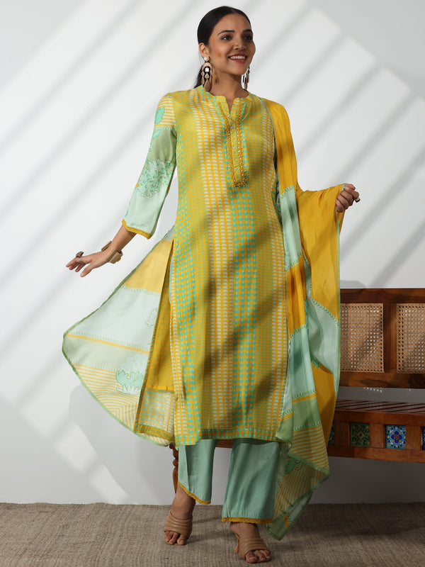 Yellow Printed Cotton Blend Straight Suit With Dupatta