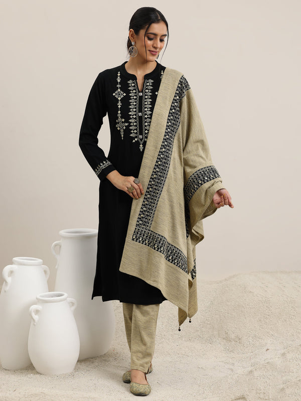 Black Yoke Design Wool Blend Straight Suit With Dupatta